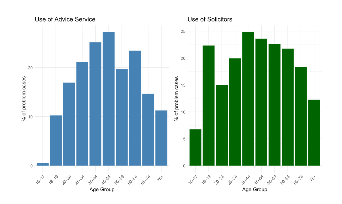 The bar chart shows lower advice agency use for younger and older people, with highest use by those aged 45 to 54. Solicitor use follows a similar pattern, with a peak in use for 35 to 44 year-olds and a spike for those aged 16 to 19.